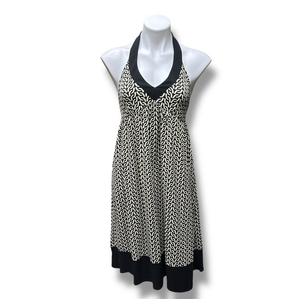 London Times Dress Halter Black & Beige Size 6 Boho Summer Y2K Flowy Backless